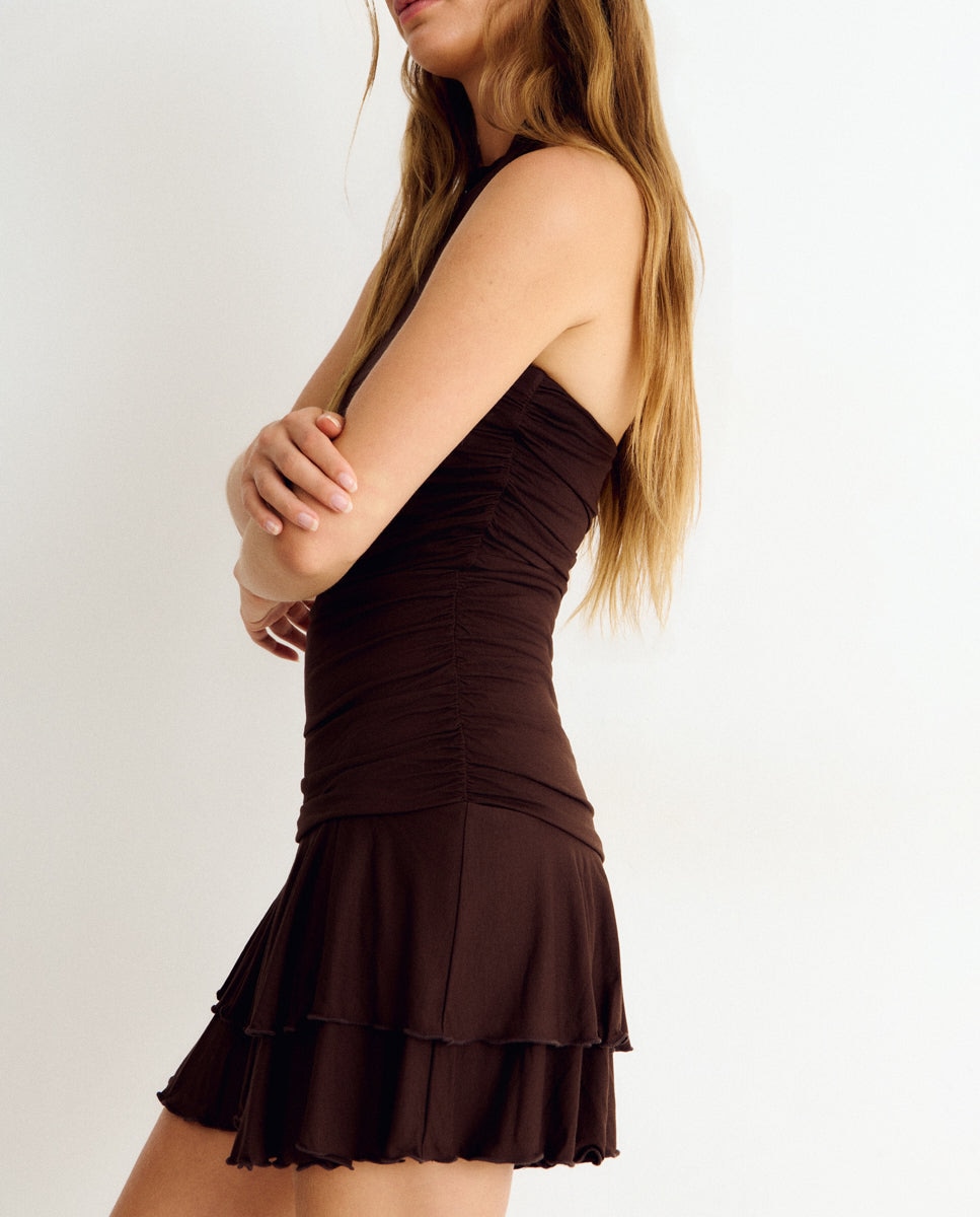 Vestido Curto com Folhos Castanho-4