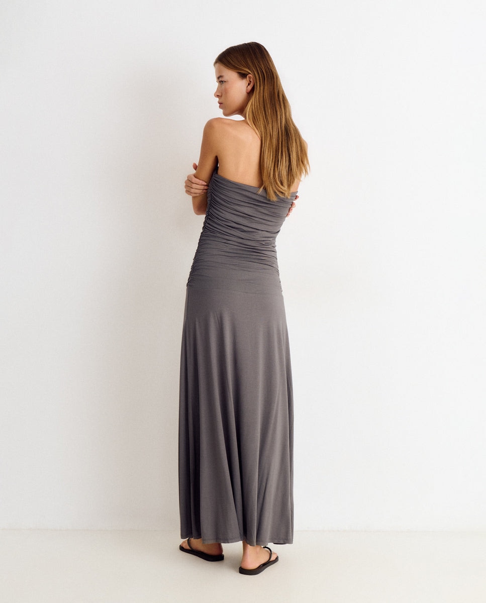 Vestido Comprido com Franzidos Cinzento-2