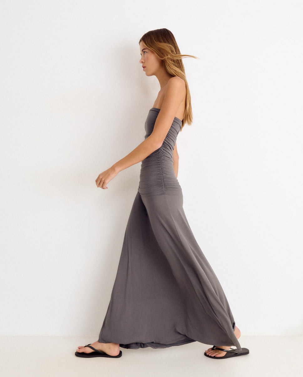 Vestido Comprido com Franzidos Cinzento-4