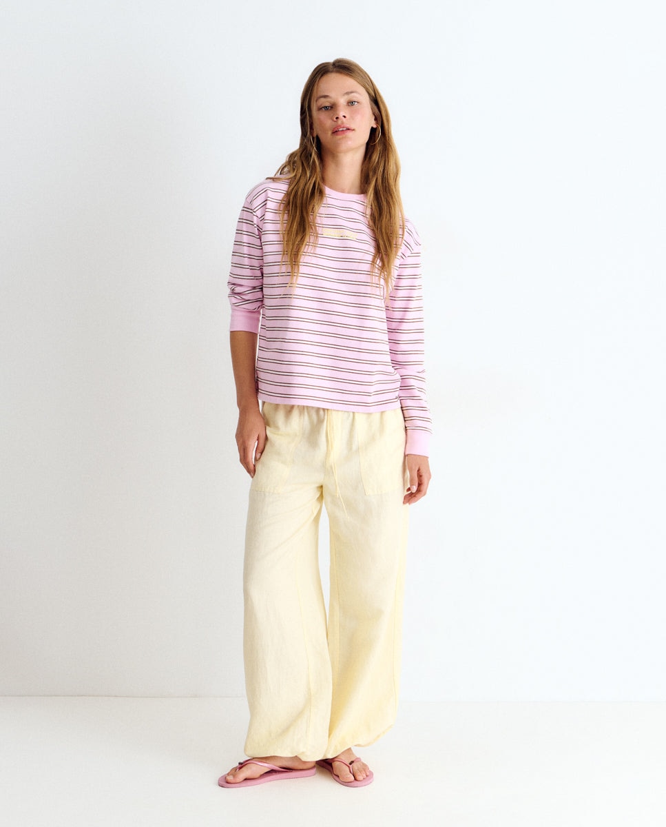 Sweatshirt Às Riscas com Estampado Grande Rosa-3