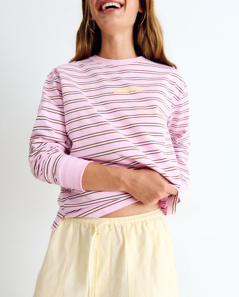 Sweatshirt Às Riscas com Estampado Grande Rosa-4