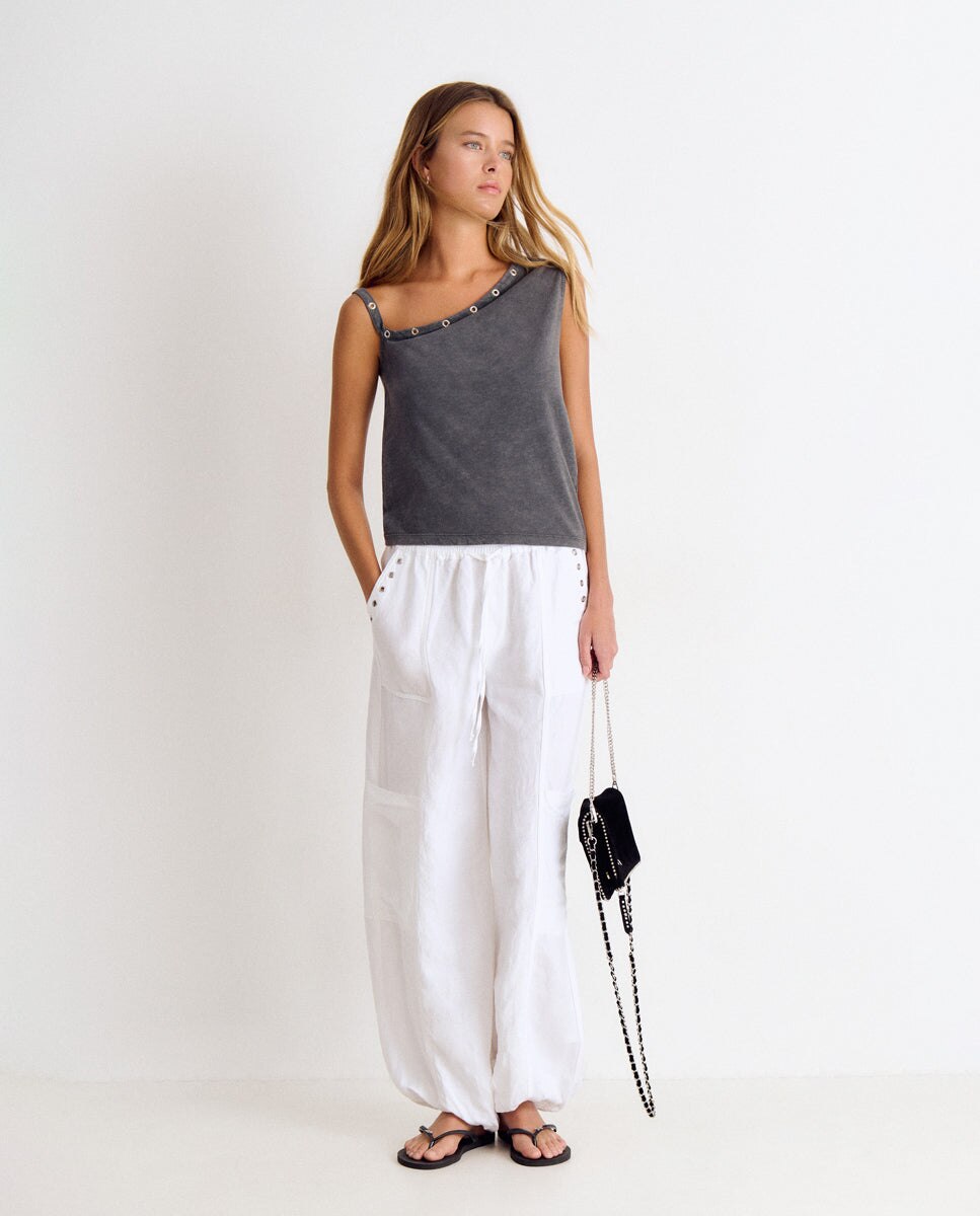 T-shirt Assimétrica com Eyelets Cinzento-3