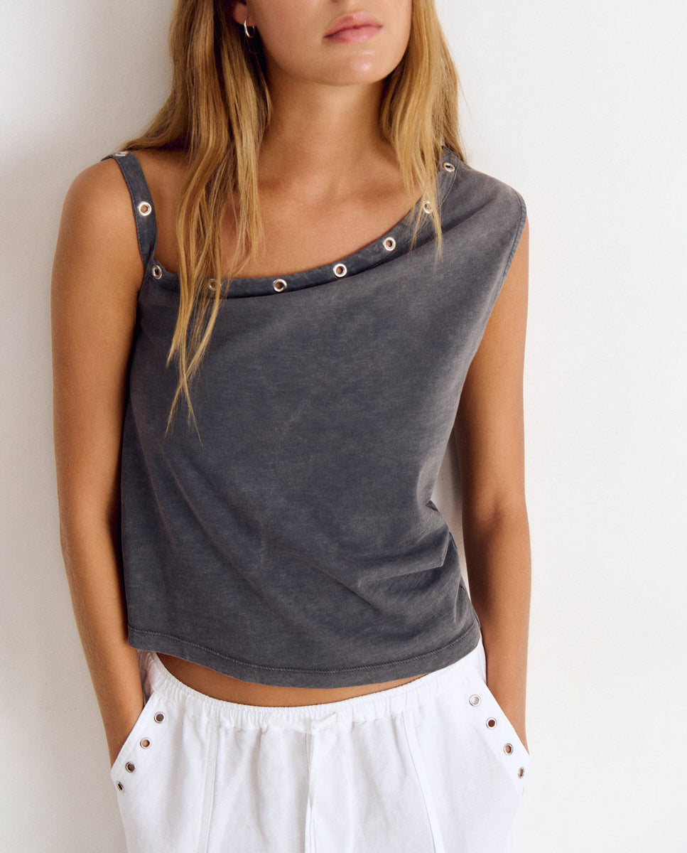T-shirt Assimétrica com Eyelets Cinzento-4