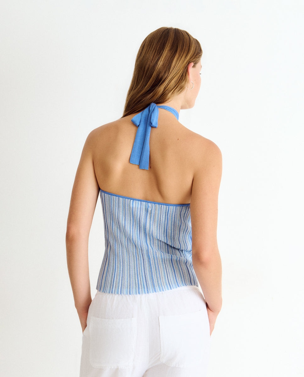 Top Às Riscas com Gola Halter Azul-2