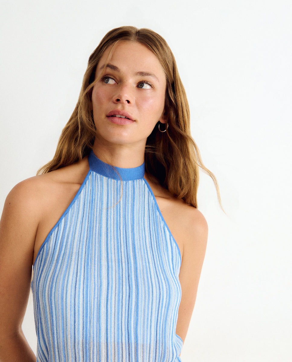 Top Às Riscas com Gola Halter Azul-4