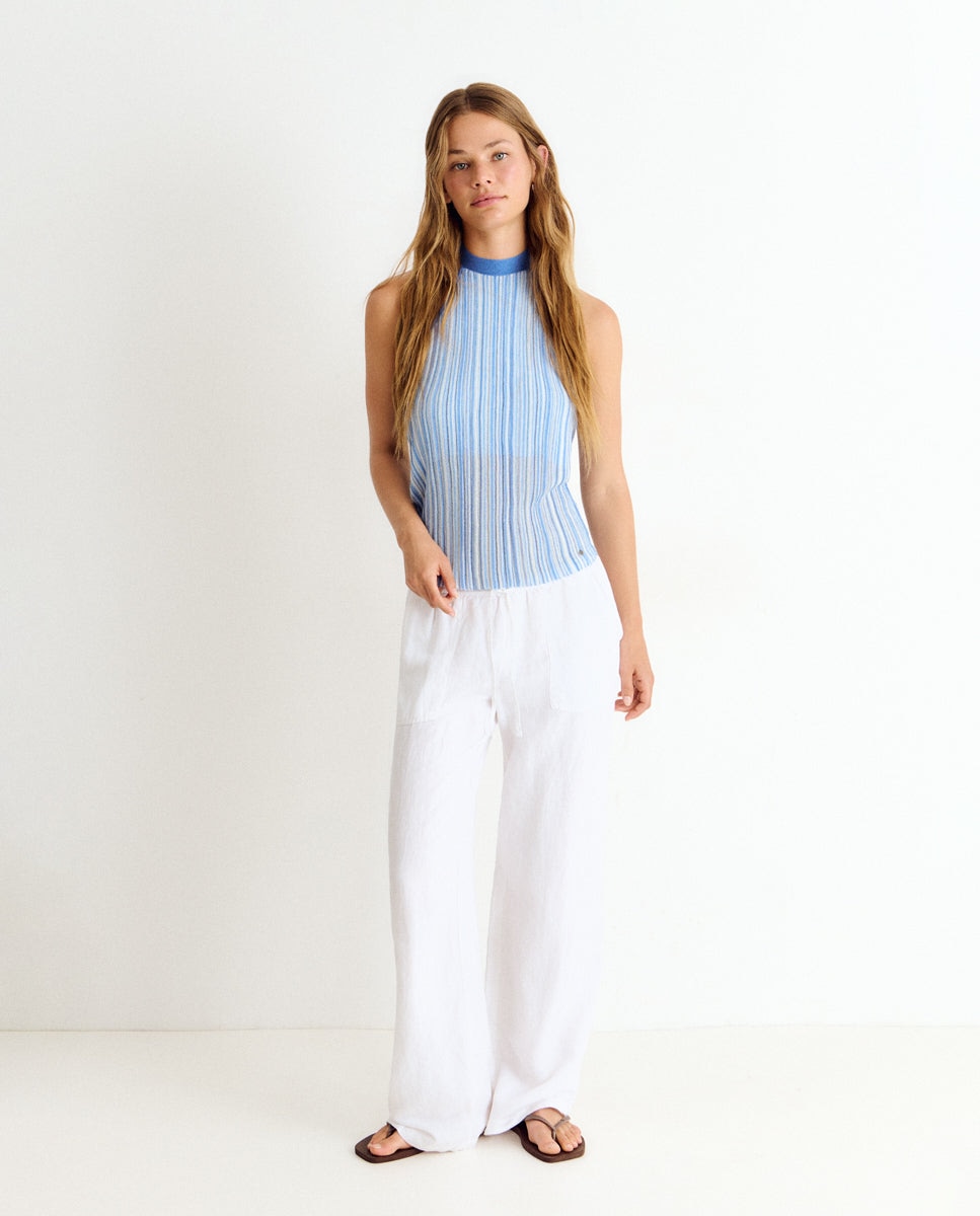 Top Às Riscas com Gola Halter Azul-3