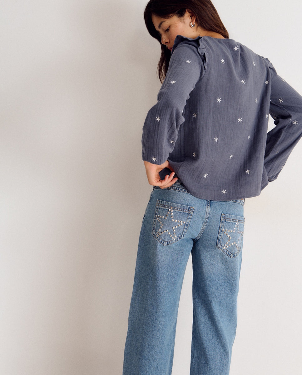 Blusa de Gola em V com Bordados Azul-2