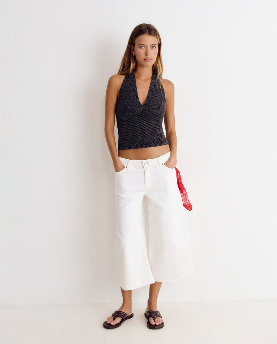 Top de Crochet com Gola Halter Cinzento-3
