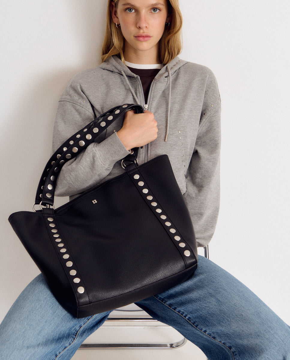 Mala Shopper de Pele com Tachas Preto-3