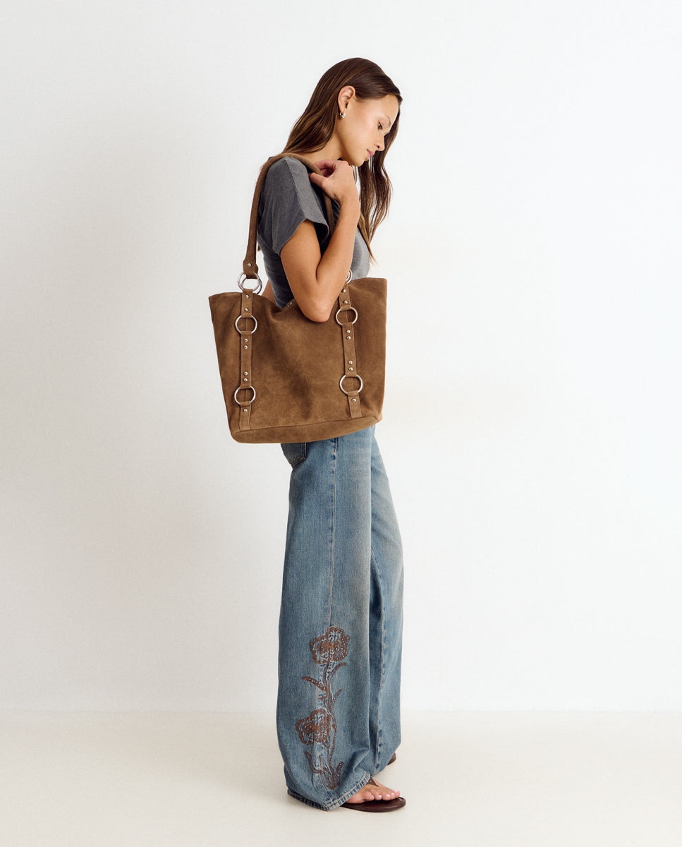 Mala Shopper de Couro com Aros Camel-3