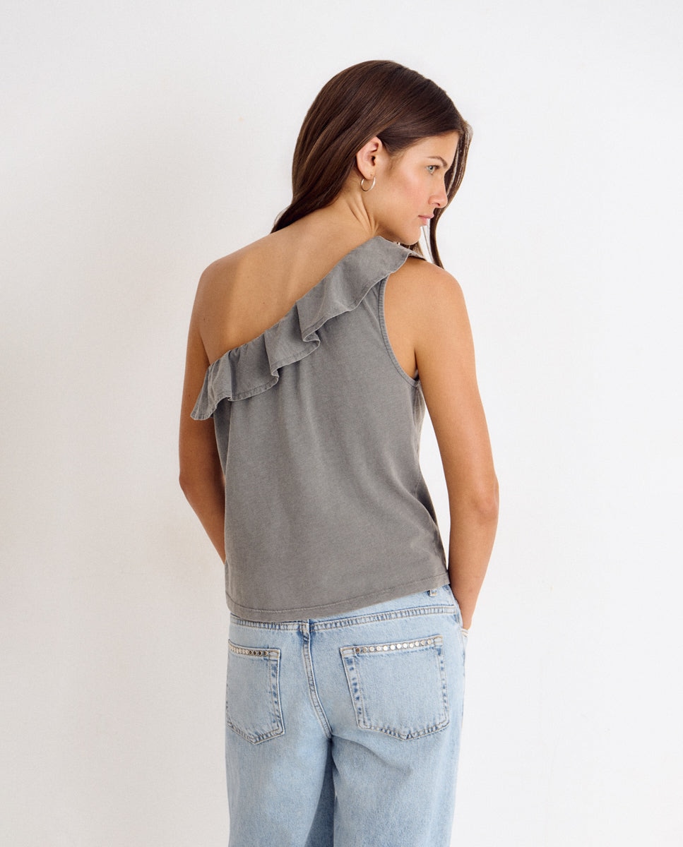 T-shirt Assimétrica de Folhos com Tachas Antracite-2