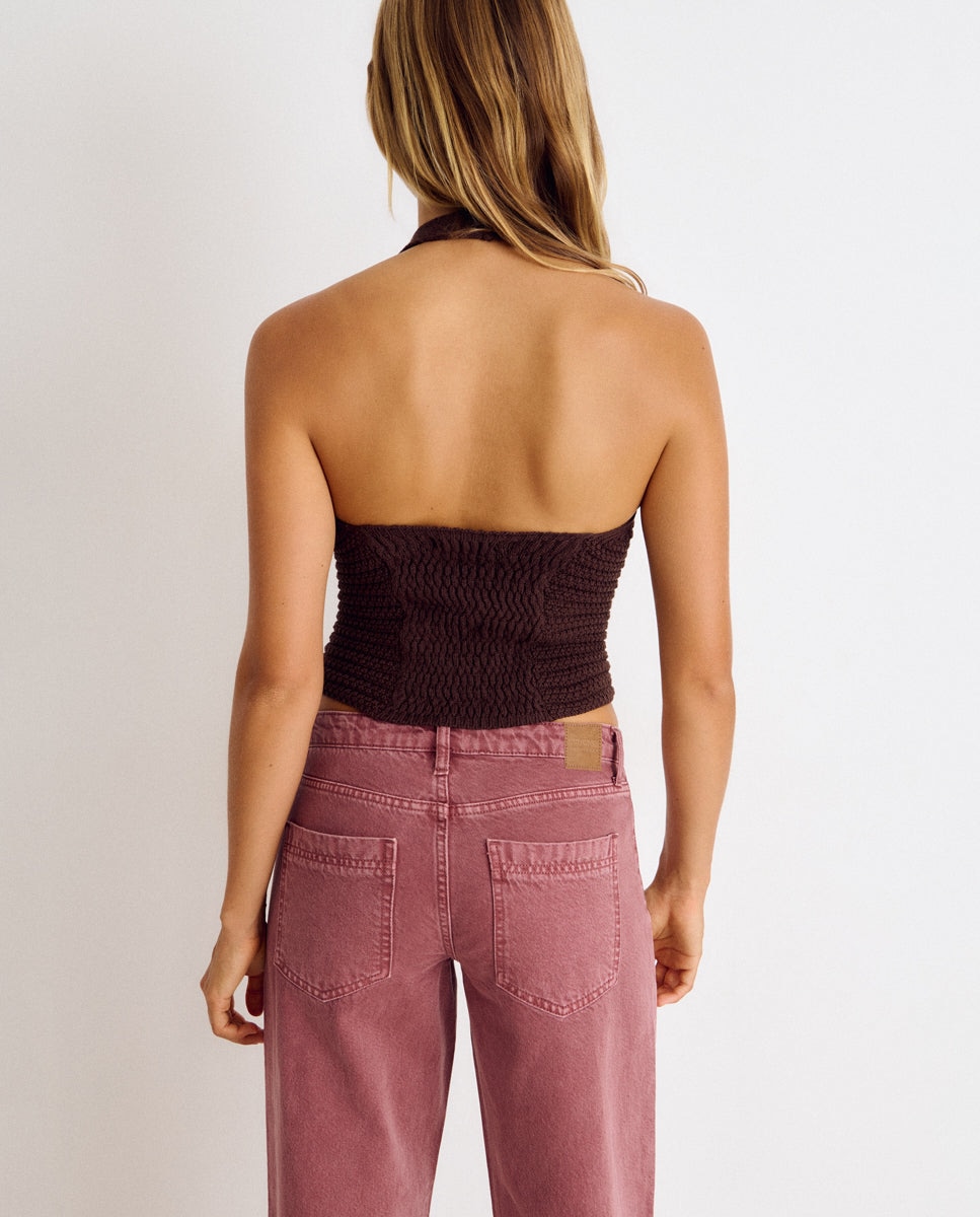 Top de Crochet com Gola Halter Castanho-2
