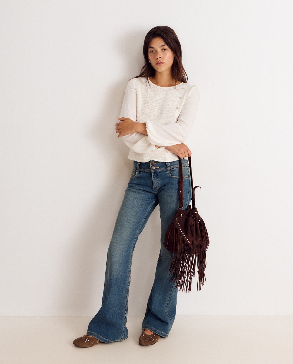 Blusa com Gola em V e Smock Branco-3
