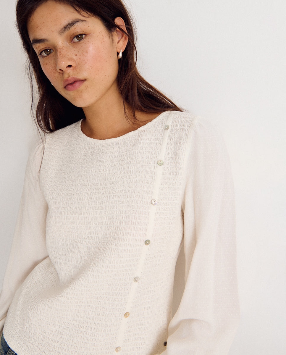 Blusa com Gola em V e Smock Branco-4