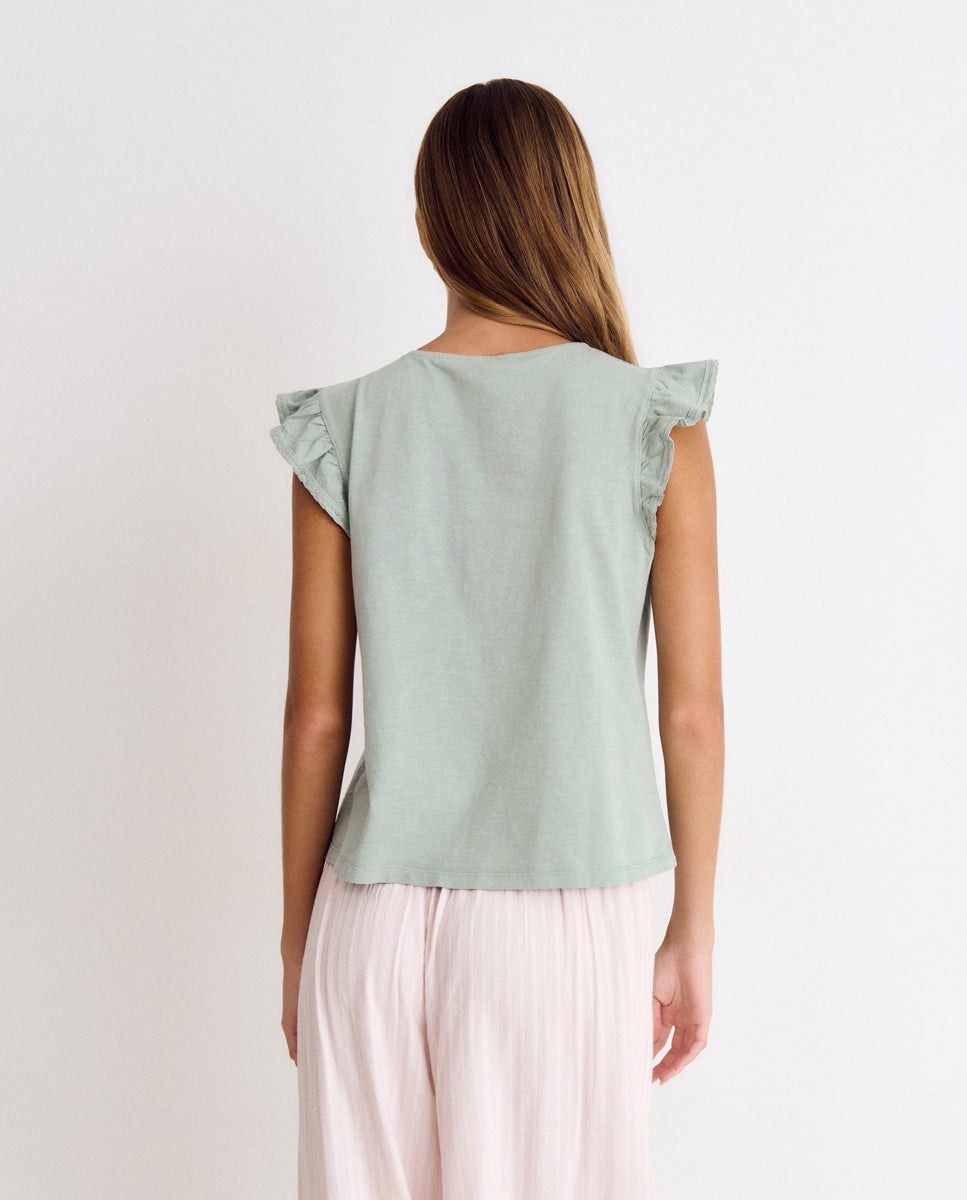 T-shirt com Folhos e Renda Verde-2