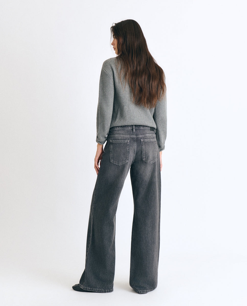 Jeans de Corte a Direito de Cintura Média Cinzento-escuro-2
