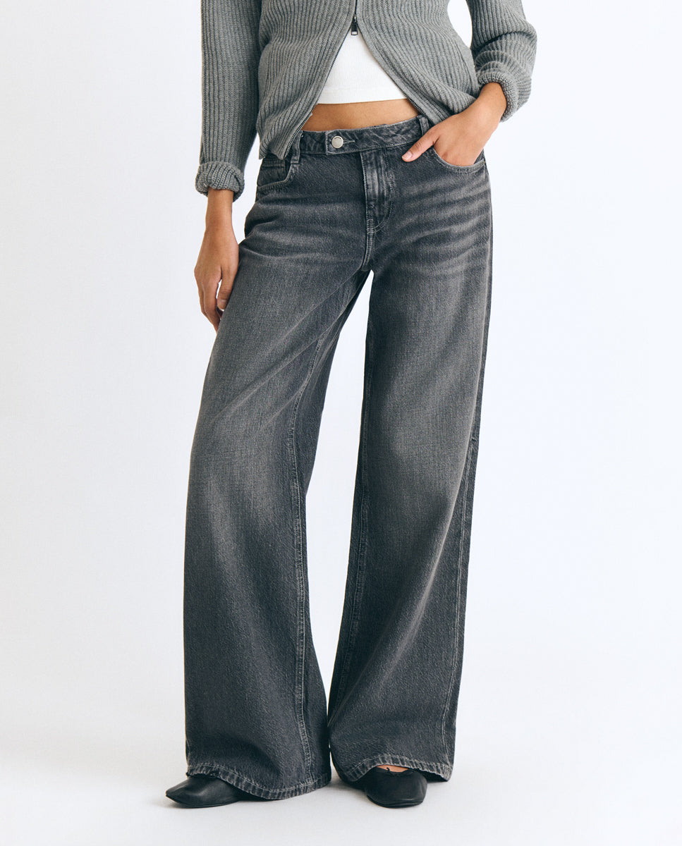 Jeans de Corte a Direito de Cintura Média Cinzento-escuro-3