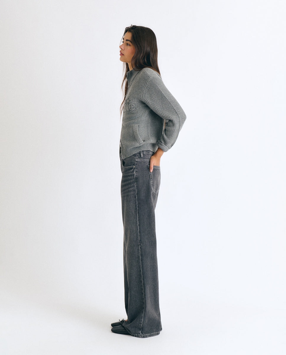 Jeans de Corte a Direito de Cintura Média Cinzento-escuro-4