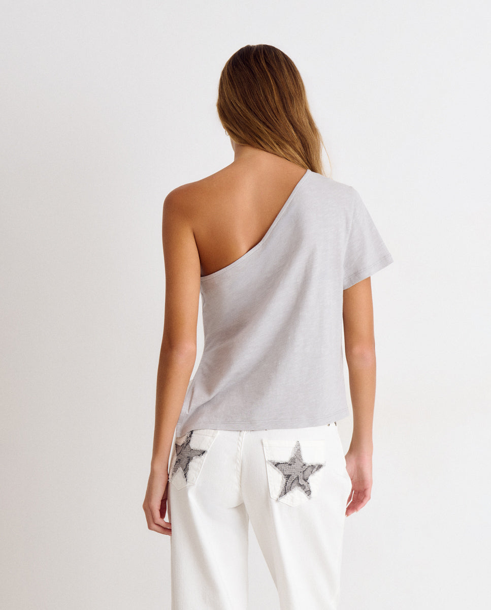 T-shirt Assimétrica com Flores e Tachas Cinzento-2