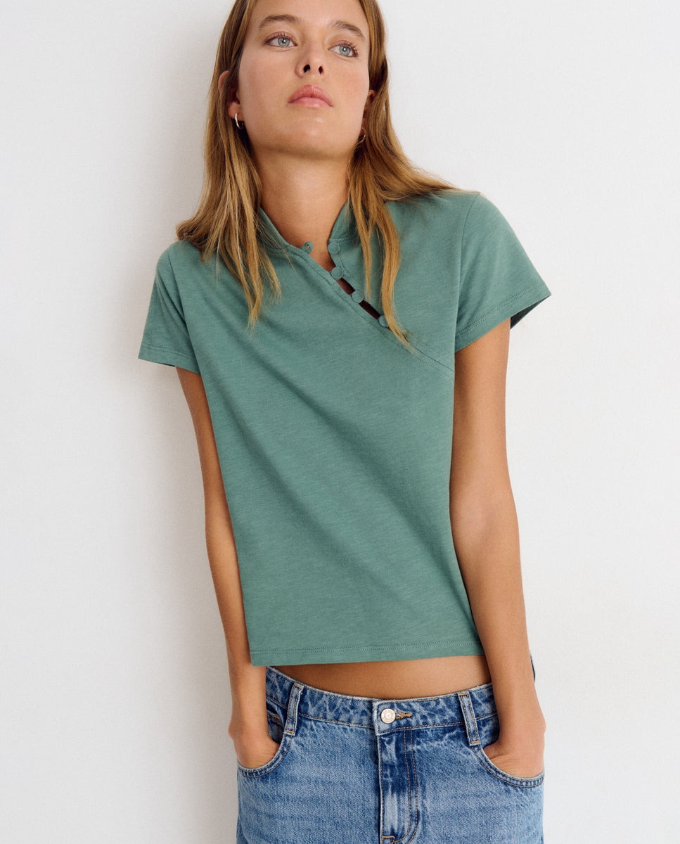 T-shirt com Botões Azul-4