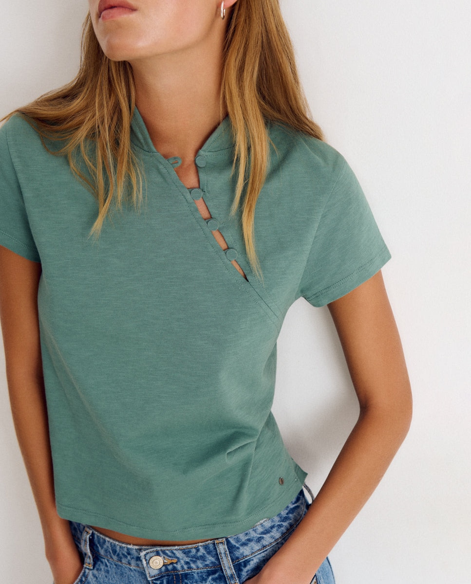 T-shirt com Botões Azul-5
