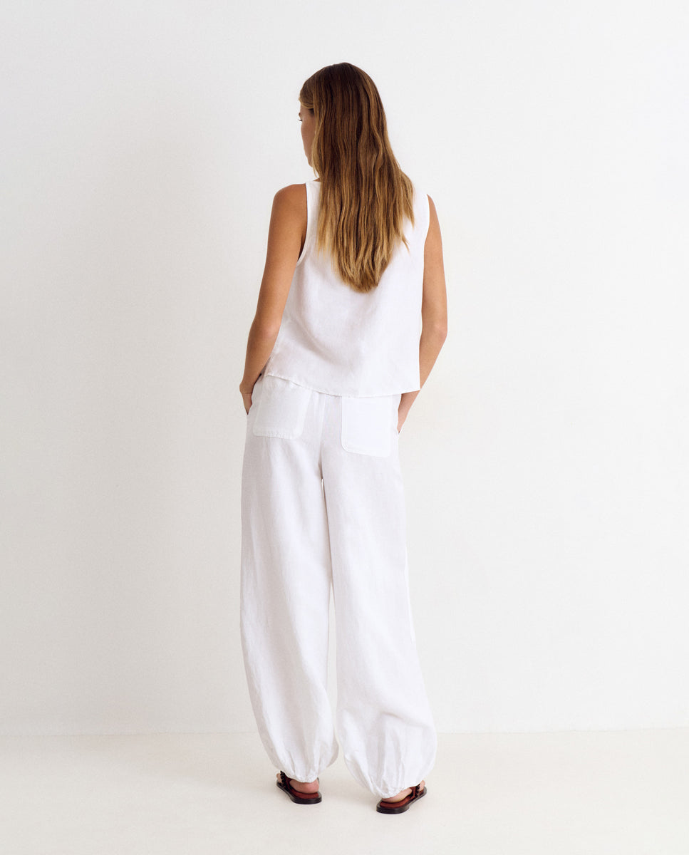 Calças Largas de Linho com Tachas Branco-2