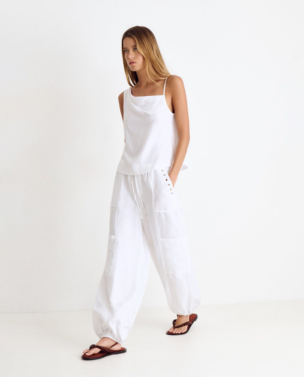 Calças Largas de Linho com Tachas Branco-3