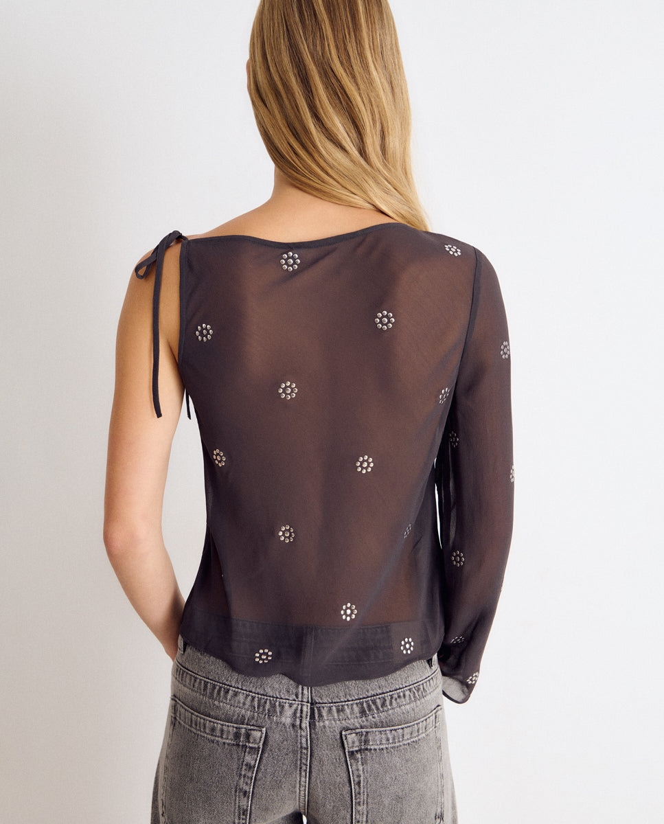 Blusa com Tachas de Flores Cinzento-2