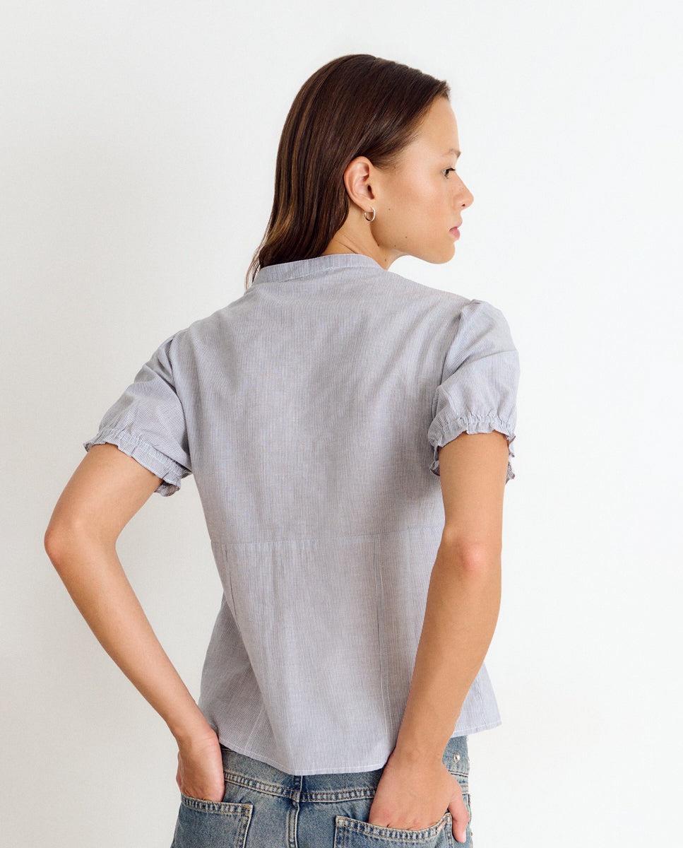 Blusa de Manga Curta Às Riscas Azul-2