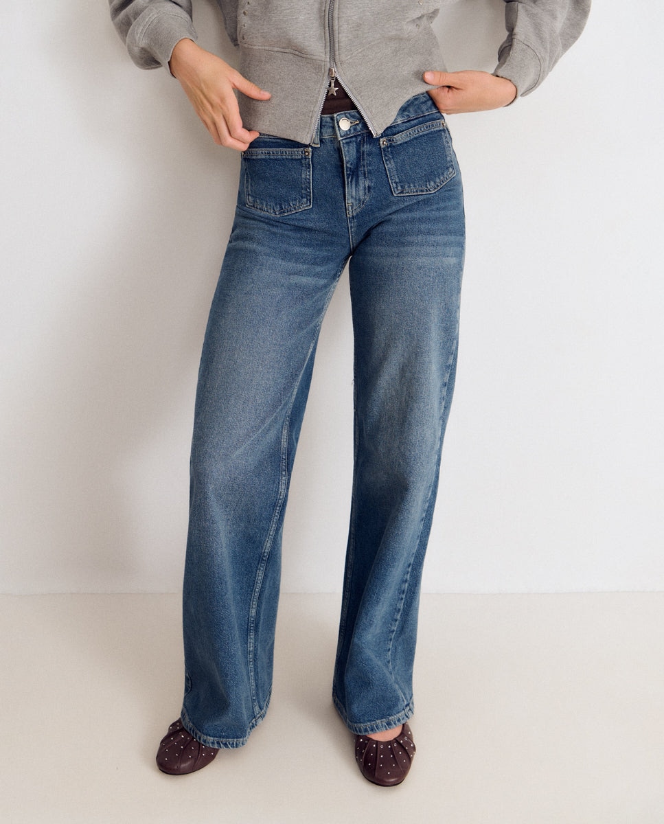 Jeans de Corte a Direito com Bolsos Frontais Azul-3