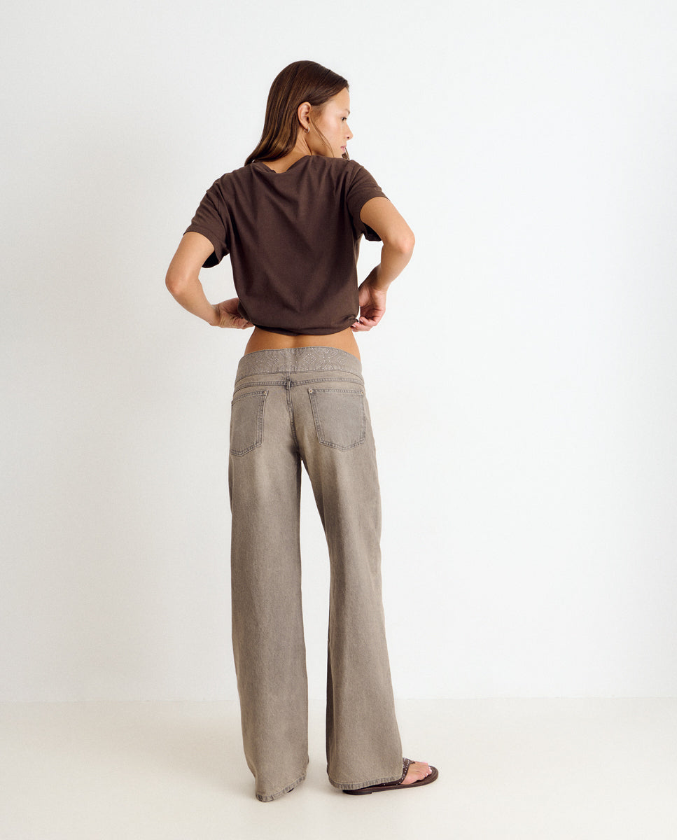 Jeans Largos com Cós com Tachas Cinzento-2