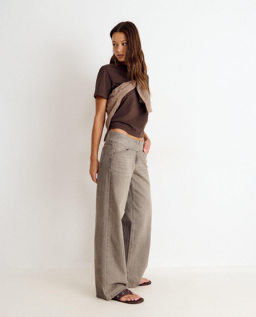 Jeans Largos com Cós com Tachas Cinzento-3