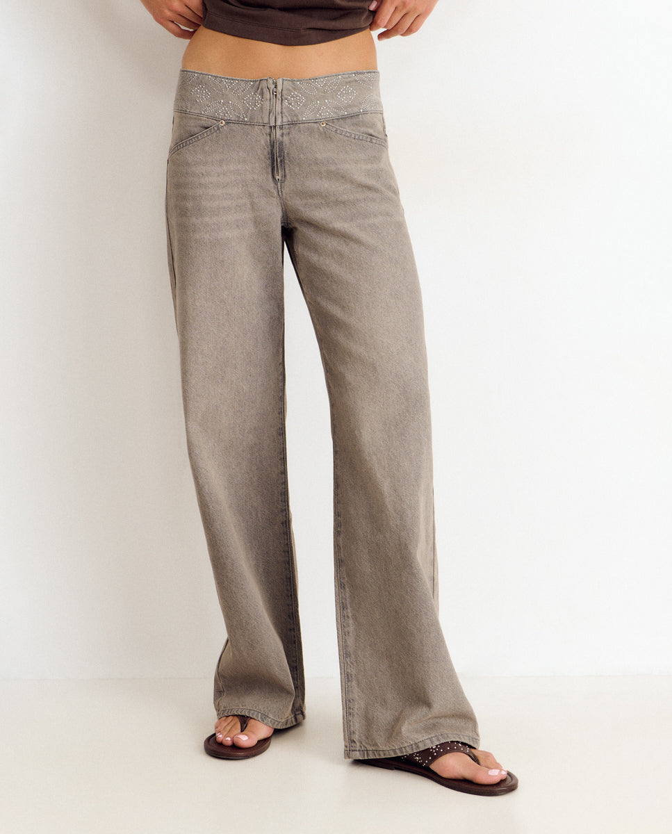 Jeans Largos com Cós com Tachas Cinzento-4