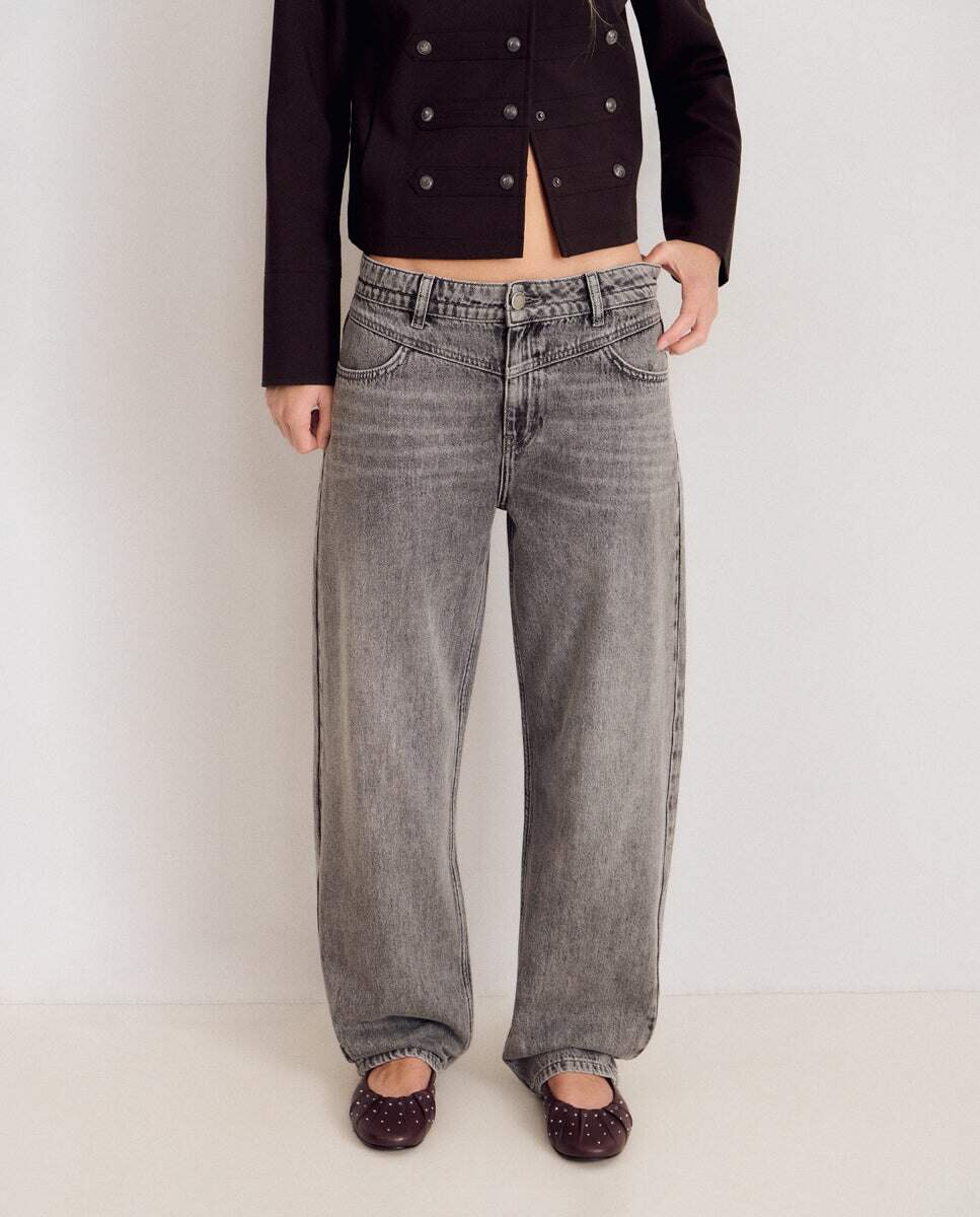 Jeans Largos com Corte Barrel Cinzento-3
