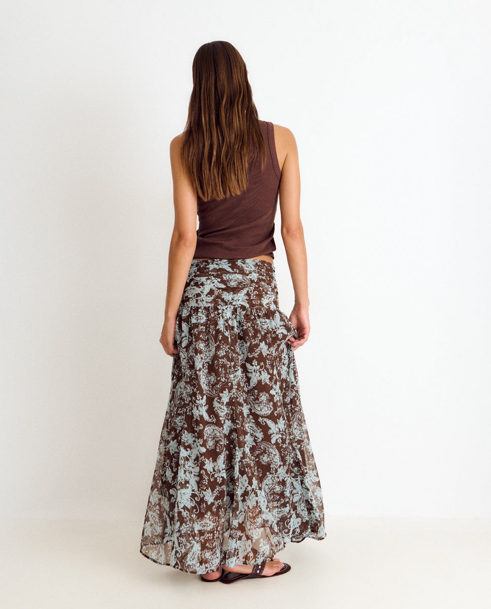 Saia Comprida com Smock e Estampado Castanho-2