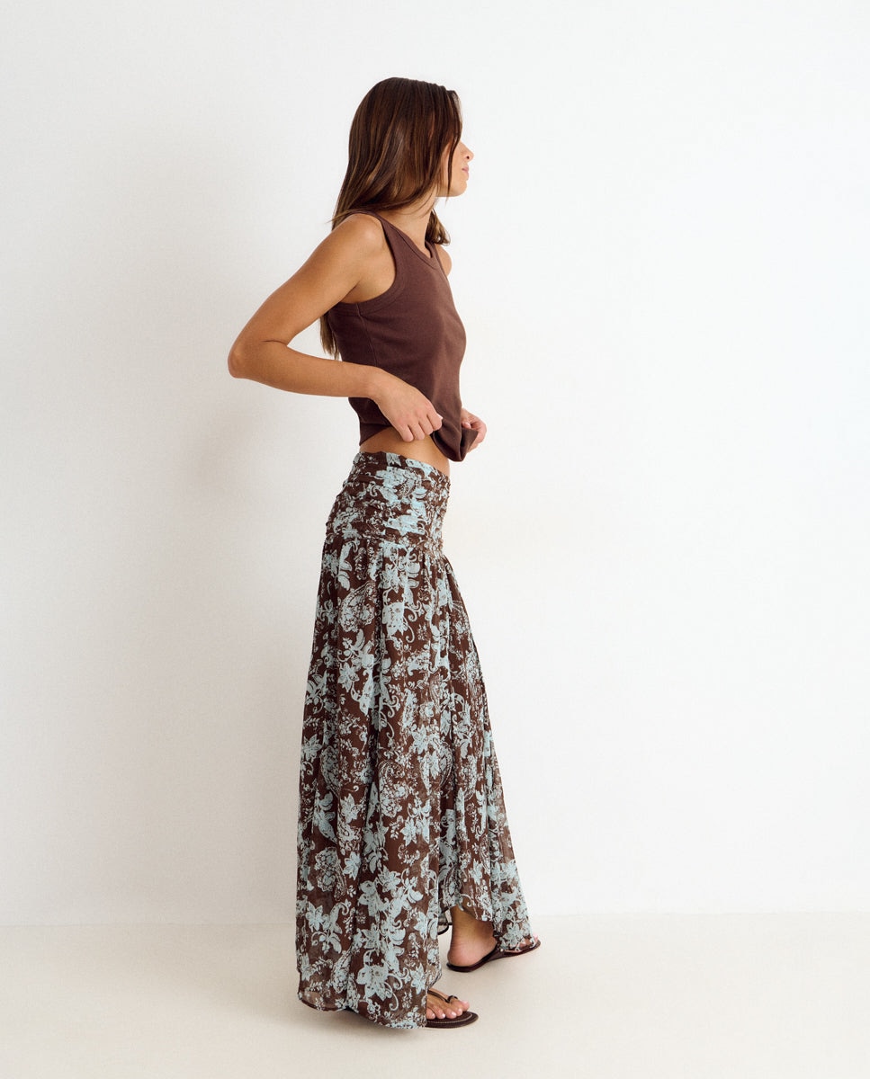 Saia Comprida com Smock e Estampado Castanho-3
