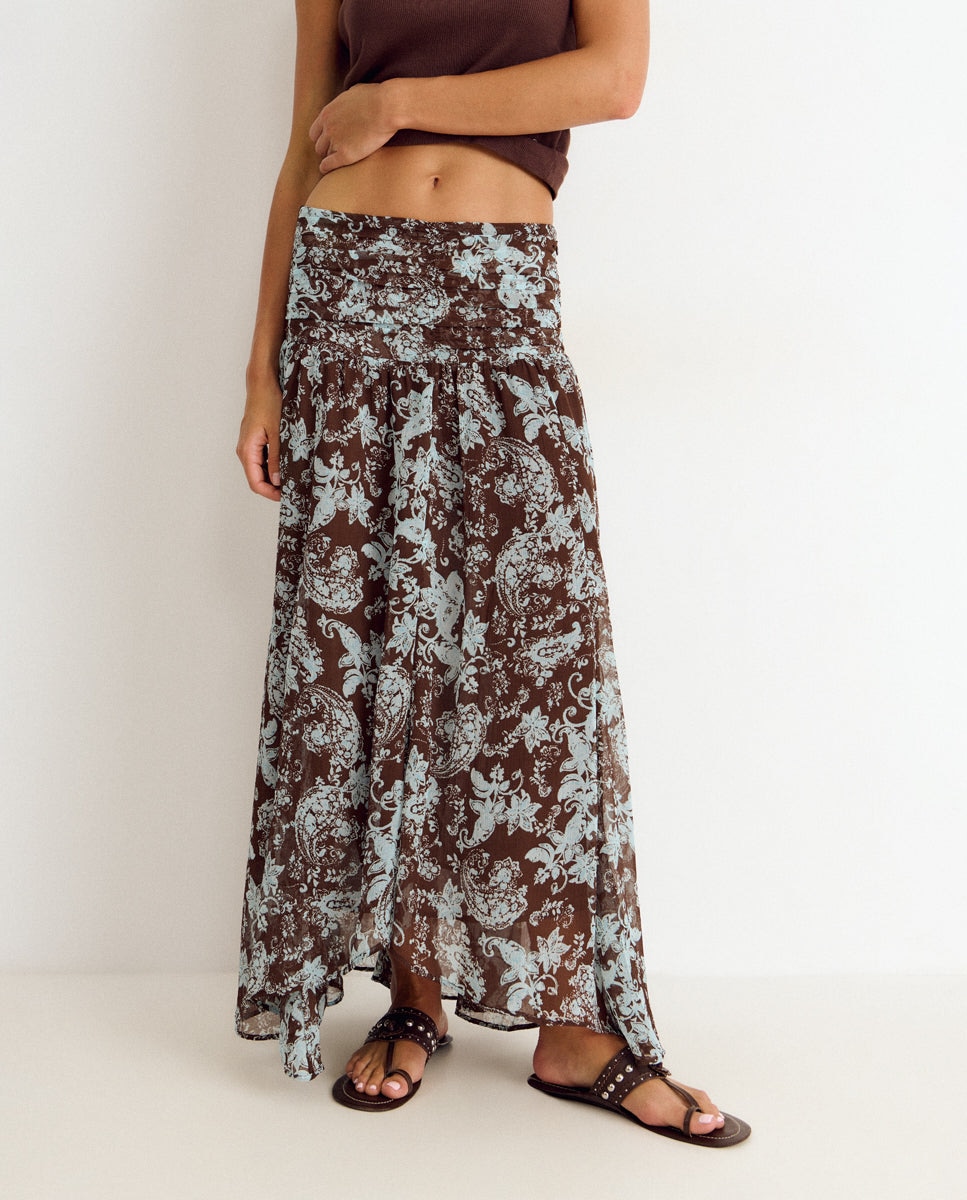 Saia Comprida com Smock e Estampado Castanho-4