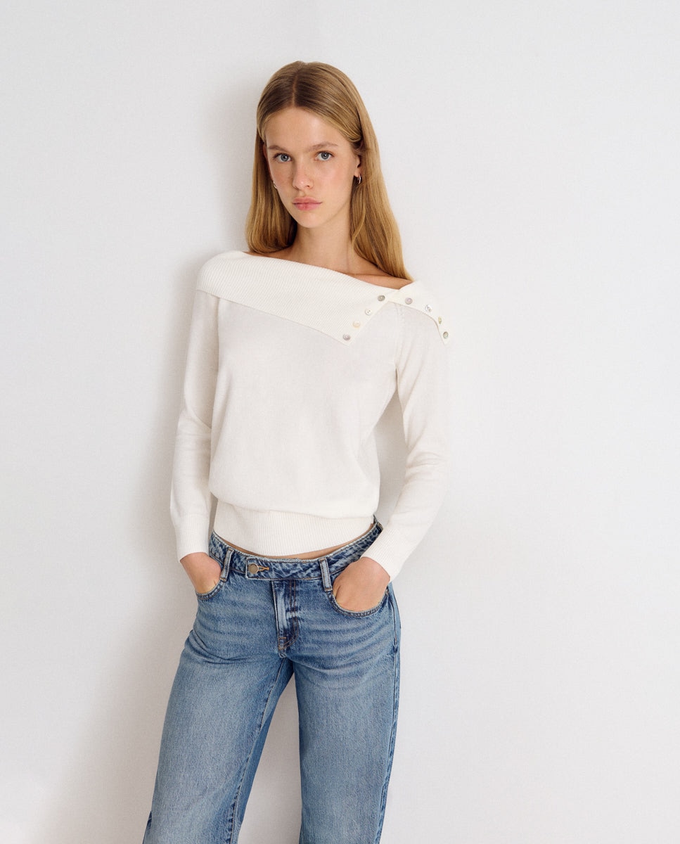 Camisola de Canelado com Botões Branco-3