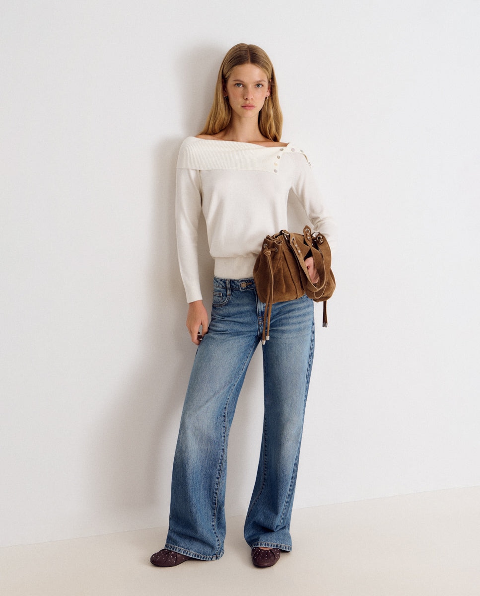Camisola de Canelado com Botões Branco-4