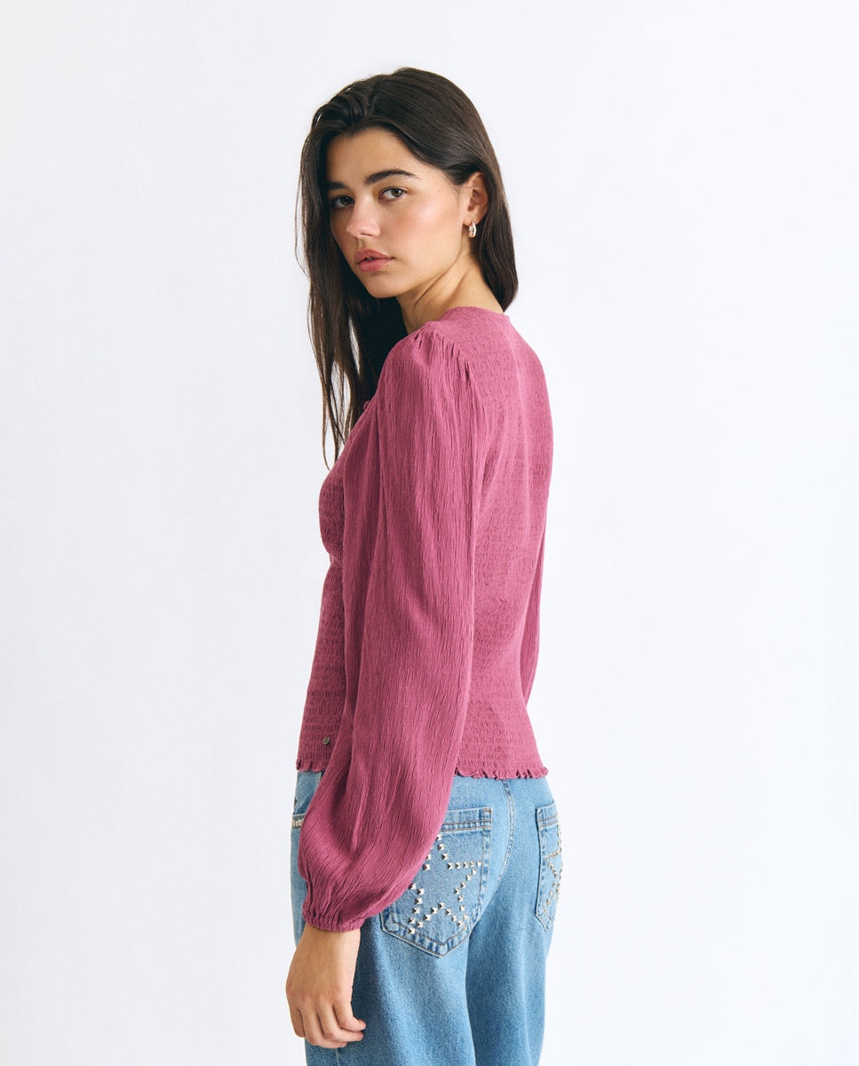 Blusa com Smock e Botões Rosa-2