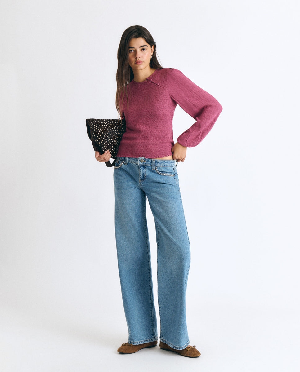 Blusa com Smock e Botões Rosa-3
