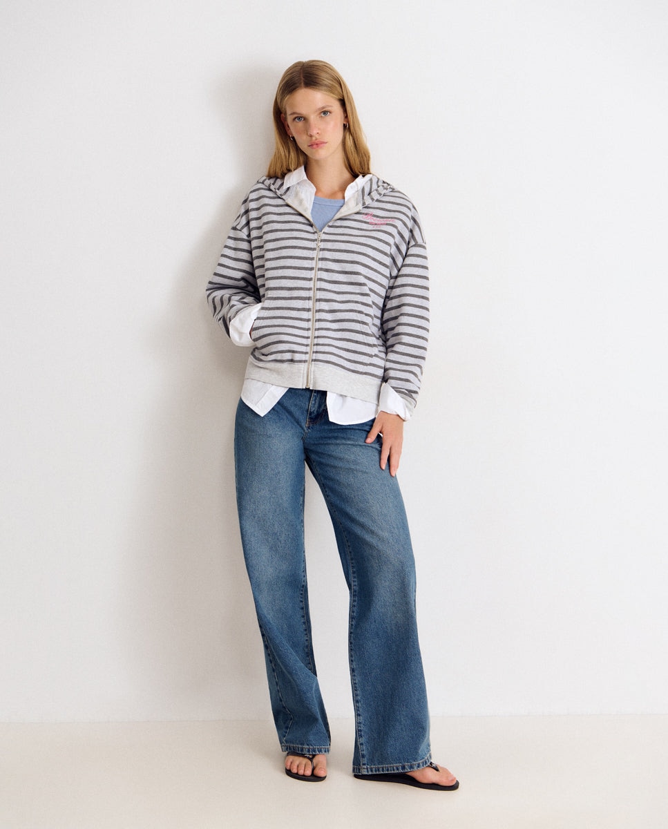Sweatshirt Às Riscas com Logo e Fecho Zip Cinzento-2