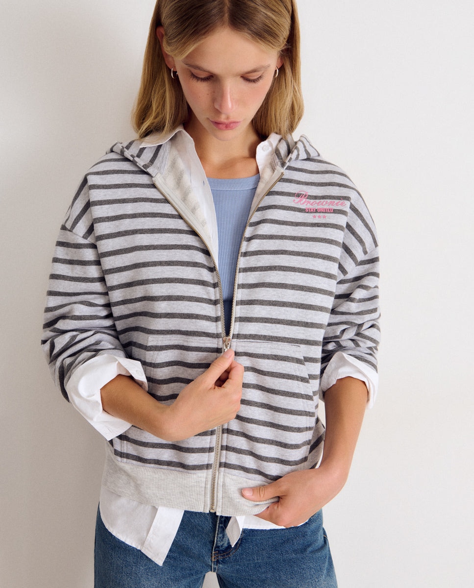 Sweatshirt Às Riscas com Logo e Fecho Zip Cinzento-3