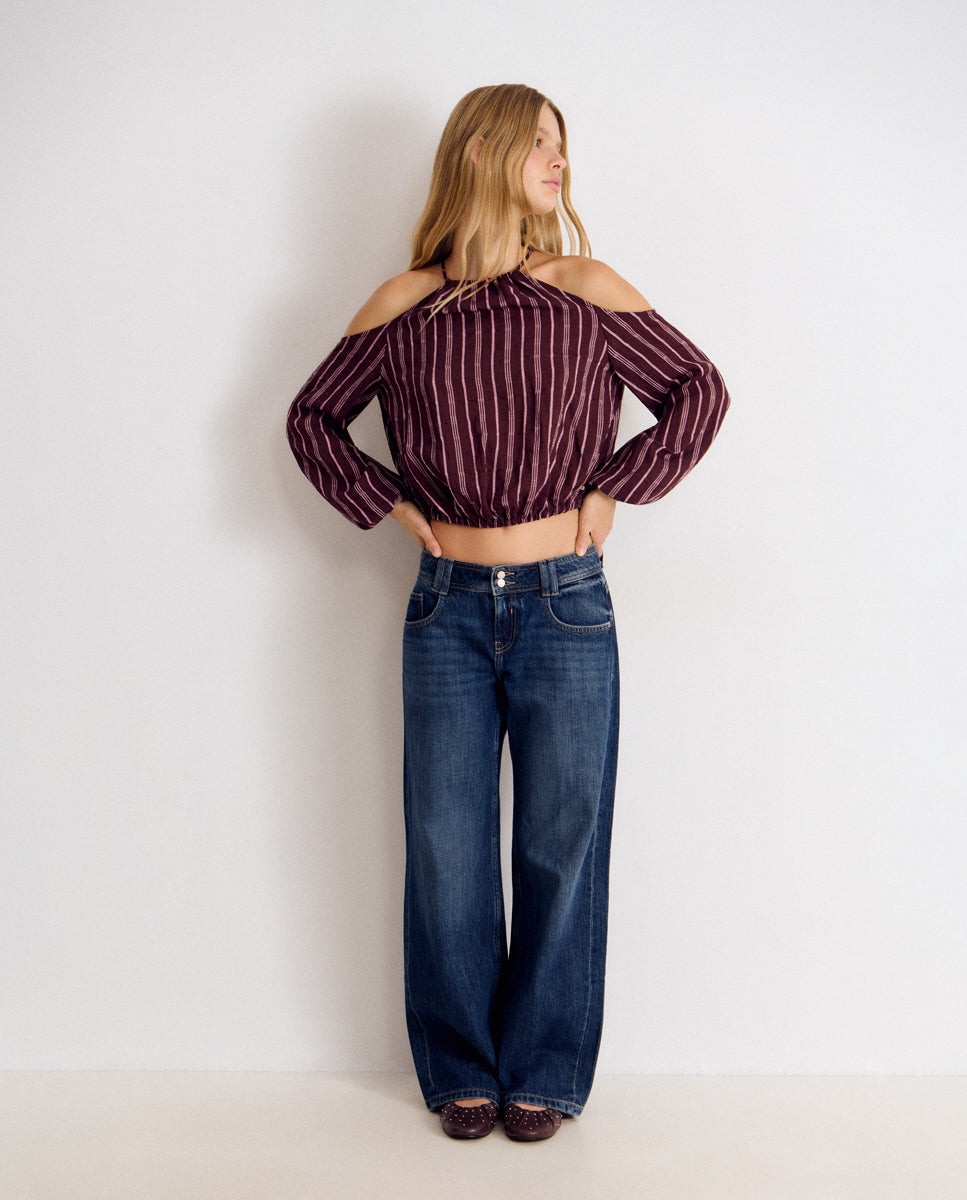 Blusa Às Riscas com Ombros Descobertos Rosa-3