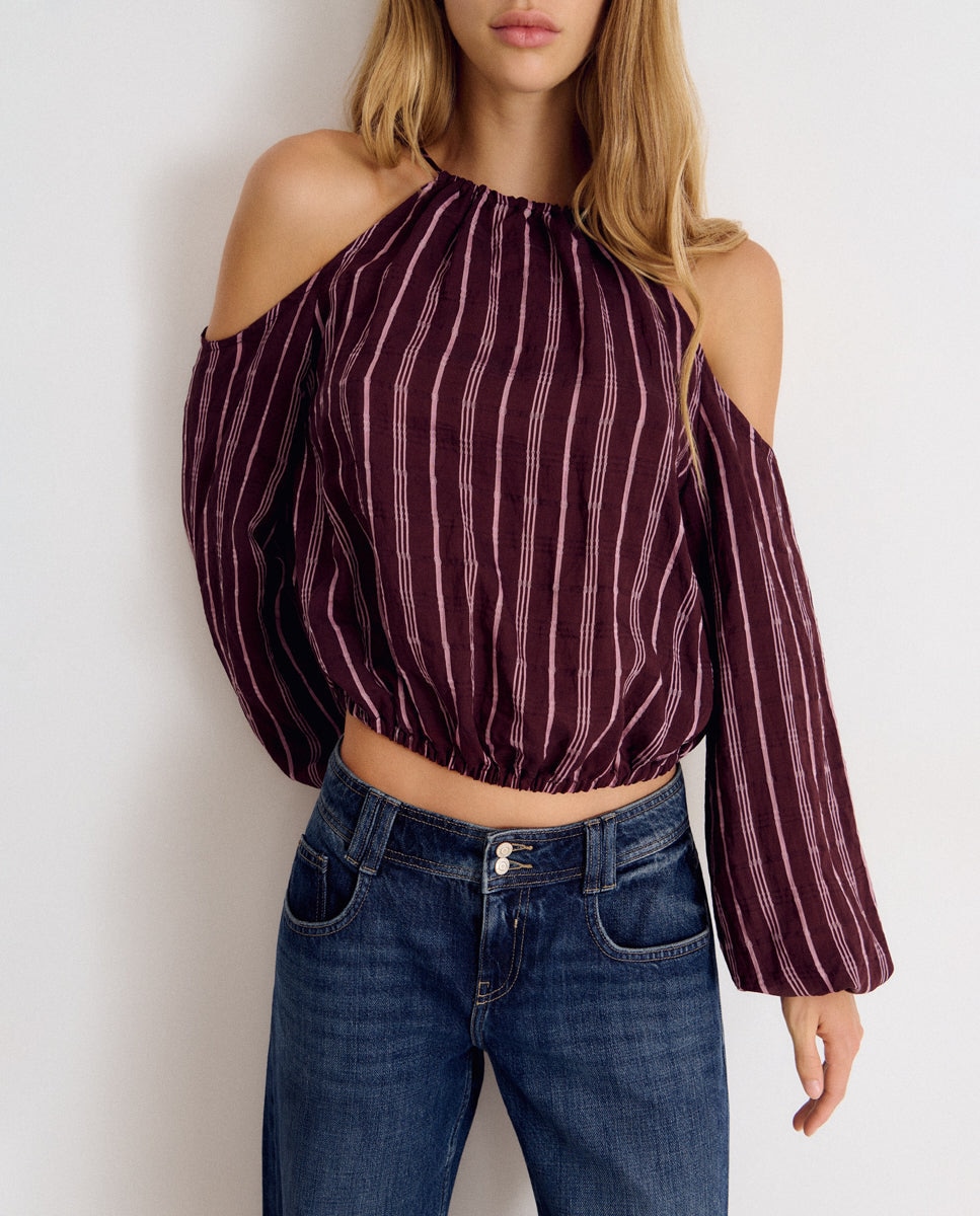 Blusa Às Riscas com Ombros Descobertos Rosa-4