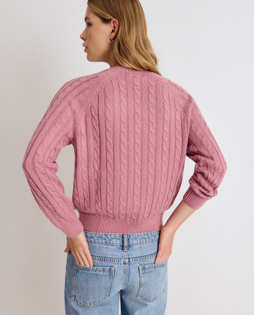 Camisola de Tranças com Cachorro Bordado Rosa-2