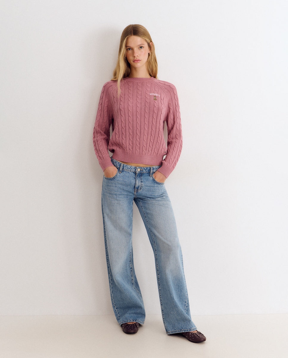 Camisola de Tranças com Cachorro Bordado Rosa-3