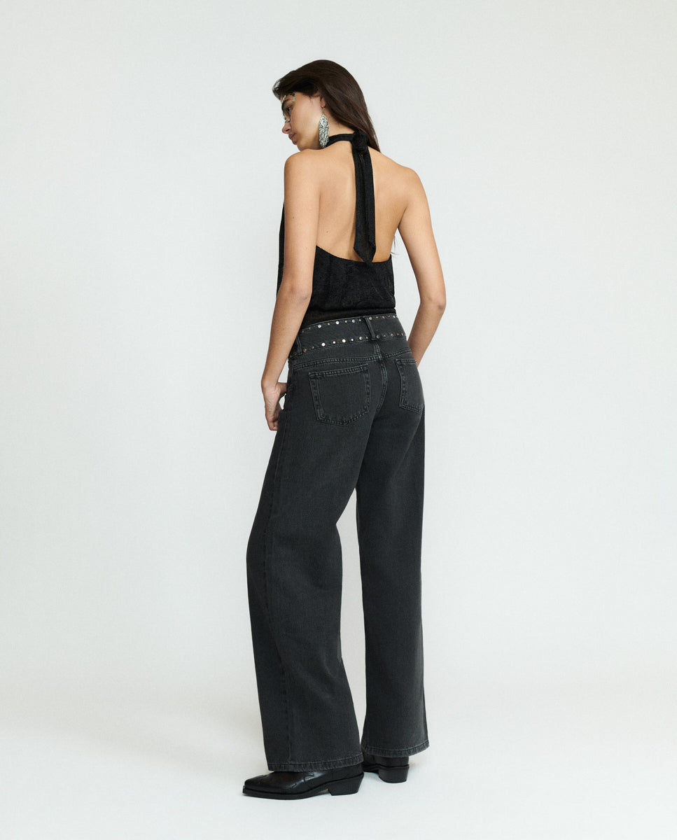 Jeans Largos com Tachas Preto-2