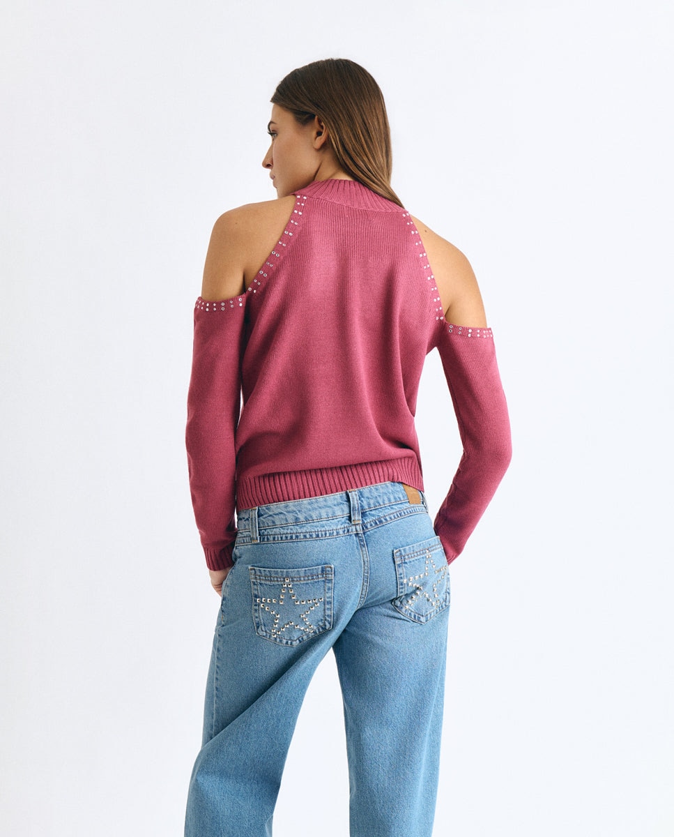 Camisola com Abertura e Tachas Rosa-2