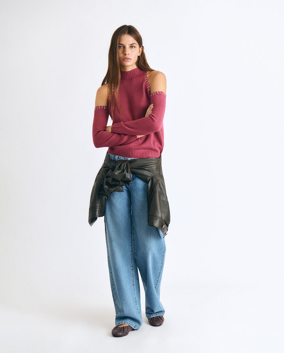 Camisola com Abertura e Tachas Rosa-3